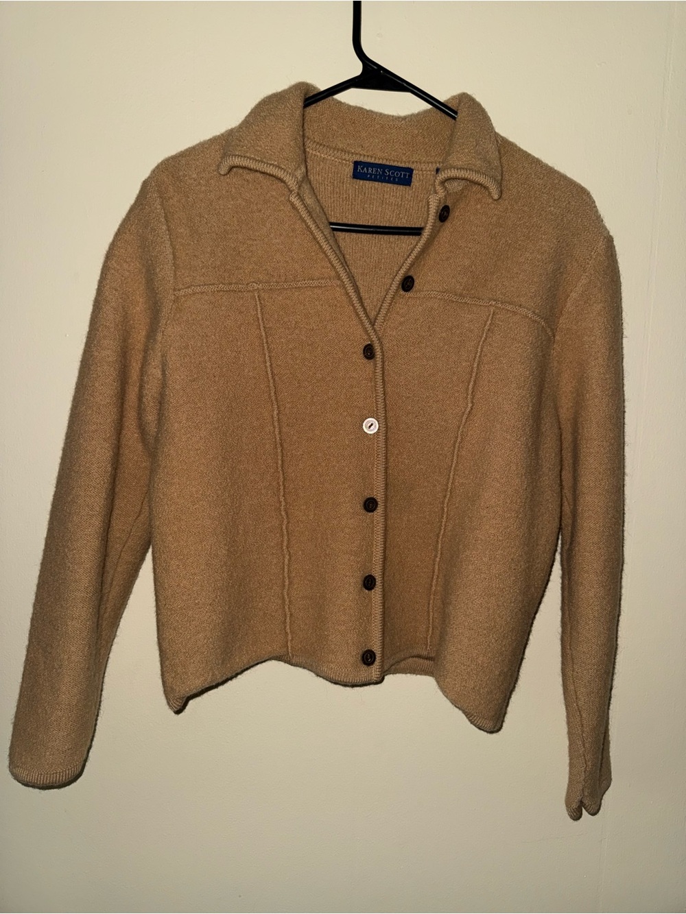 Karen Scott Tan colored wool Button-Front Women's cropped Sweater